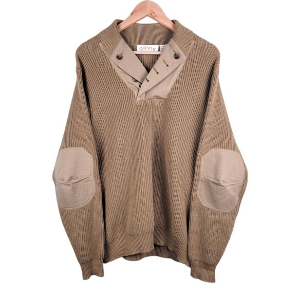 Orvis Sweater Men's M Pullover Shawl Collar Elbow Patch Tan Fisherman Outdoor - Picture 1 of 6